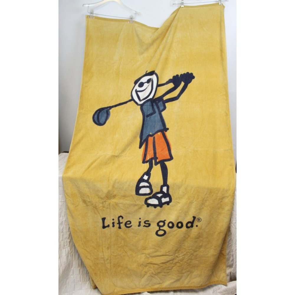 Life is Good Large Beach Towel Golf Stick Figure Man Yellow Smile Happy Summer